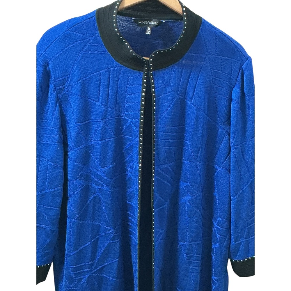 Ming Wang 2X Royal Blue Geometric Textured Studded Open Front Knit Cardigan - Picture 2 of 12